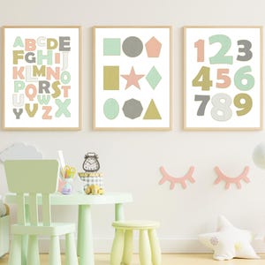 Set di 3 poster didattici: alfabeto, numeri e forme | Decorazione murale per bambini | Manifesto Montessori