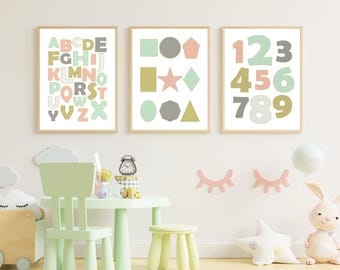 Lot de 3 Affiches Éducatives - Alphabet, Chiffres & Formes | Décoration Murale Enfant | Affiche Montessori