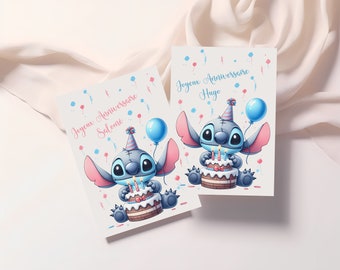 Carte joyeux anniversaire, carte prénom personnalisable stitch, carte thème stitch, Bonne fête...