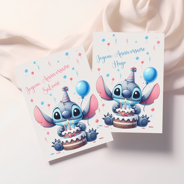 Carte joyeux anniversaire, carte prénom personnalisable stitch, carte thème stitch, Bonne fête...