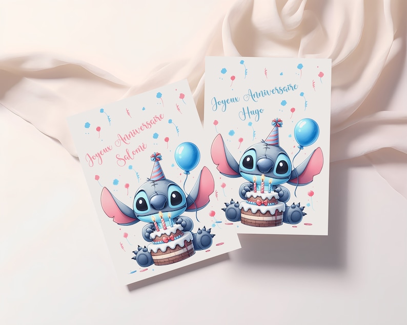 Carte joyeux anniversaire, carte prénom personnalisable stitch, carte thème stitch, Bonne fête... 画像 1