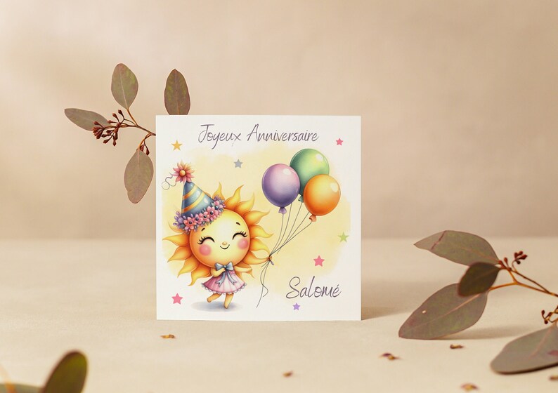 Carte joyeux anniversaire, carte prénom personnalisable, carte anniversaire soleil image 3