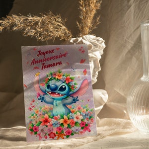 Carte joyeux anniversaire, carte prénom personnalisable stitch, carte thème stitch fête des fleurs, Bonne fête... 画像 3