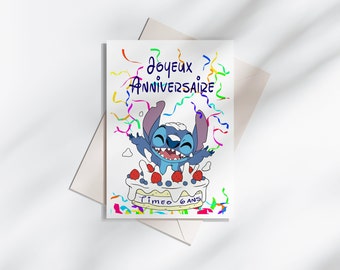 Carte joyeux anniversaire personnalisable, carte thème stitch, Bonne fête...