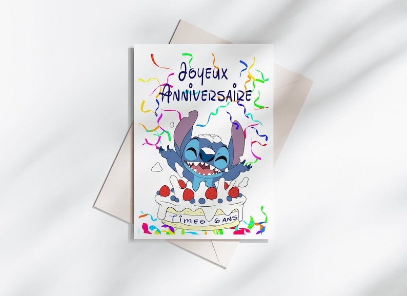 Carte joyeux anniversaire personnalisable, carte thème stitch, Bonne fête... 画像 1