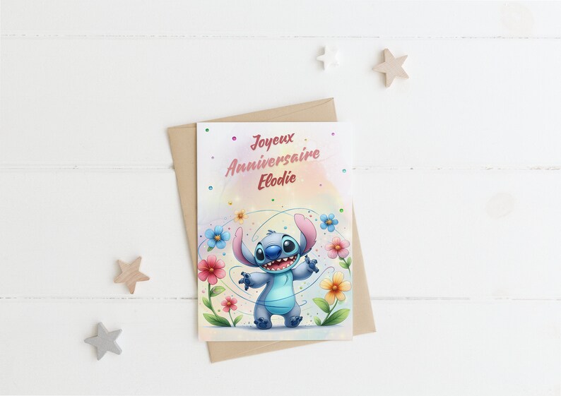 Carte joyeux anniversaire, carte prénom personnalisable stitch, carte thème stitch fleurs, Bonne fête... 画像 2