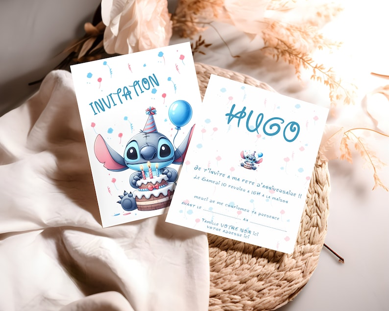 Carte invitation anniversaire - carte anniversaire personnalisable - carte thème stitch, lot de 6/8/10/12 cartes avec enveloppes... image 2