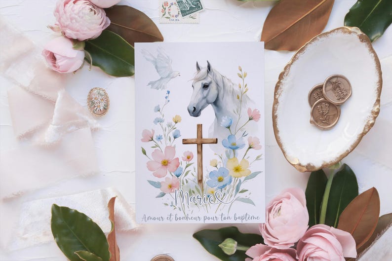 Carte Double Baptême motif Cheval – Format A6 – carte personnalisée 5