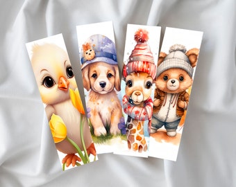 Lot de 4 marque page pour enfant, poussin, girafe, ourson, chien, puppy, cadeau de noël, marque page personnalisable avec prénom