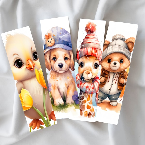 Lot de 4 marque page pour enfant, poussin, girafe, ourson, chien, puppy, cadeau de noël, marque page personnalisable avec prénom