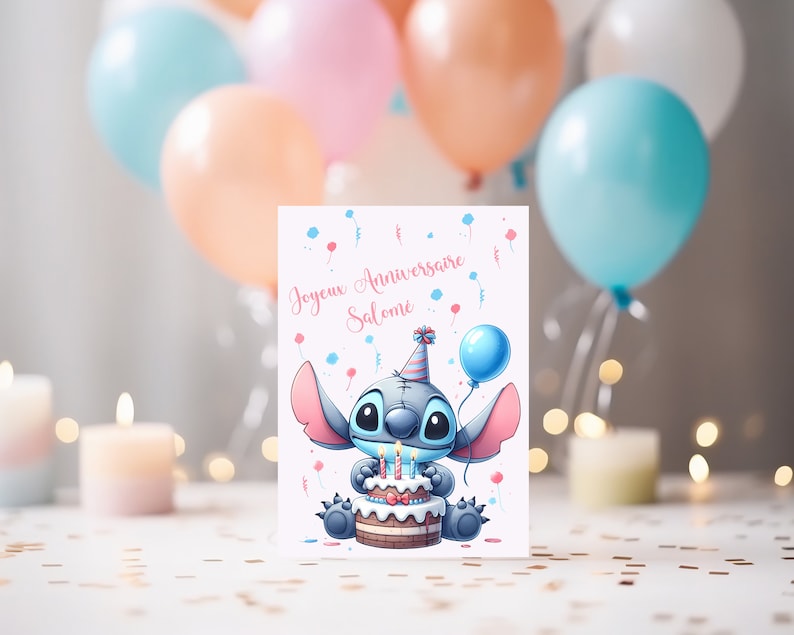 Carte joyeux anniversaire, carte prénom personnalisable stitch, carte thème stitch, Bonne fête... Rose