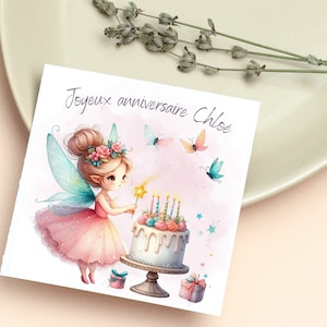 Tarjeta de feliz cumpleaños, pequeña tarjeta de nombre de hada personalizable, tarjeta temática de hadas