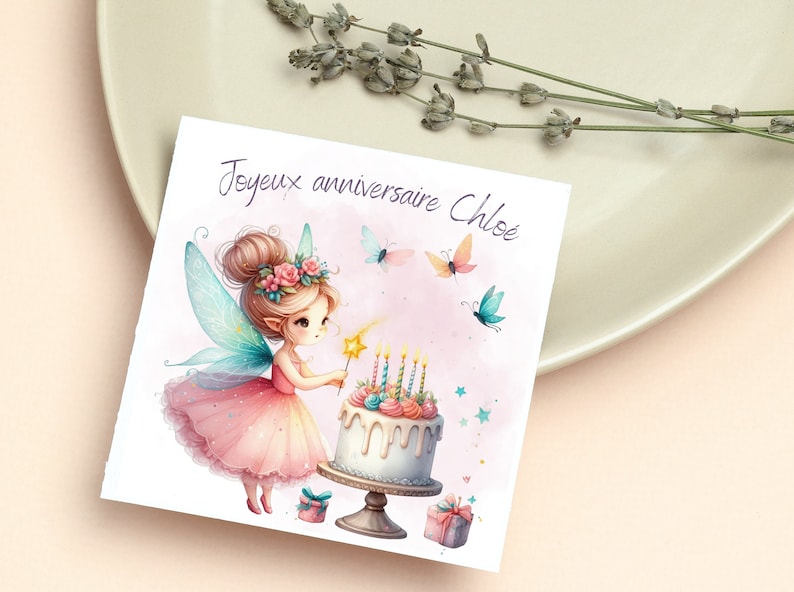 Carte joyeux anniversaire, carte prénom personnalisable petite fée, carte thème féérie image 1