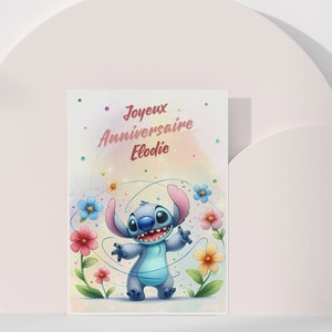 Carte joyeux anniversaire, carte prénom personnalisable stitch, carte thème stitch fleurs, Bonne fête... 画像 6