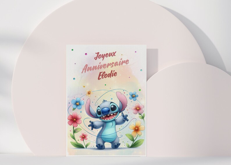 Carte joyeux anniversaire, carte prénom personnalisable stitch, carte thème stitch fleurs, Bonne fête... 画像 6