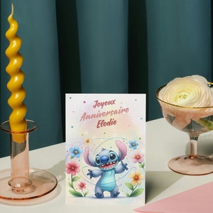 Carte joyeux anniversaire, carte prénom personnalisable stitch, carte thème stitch fleurs, Bonne fête... 画像 7