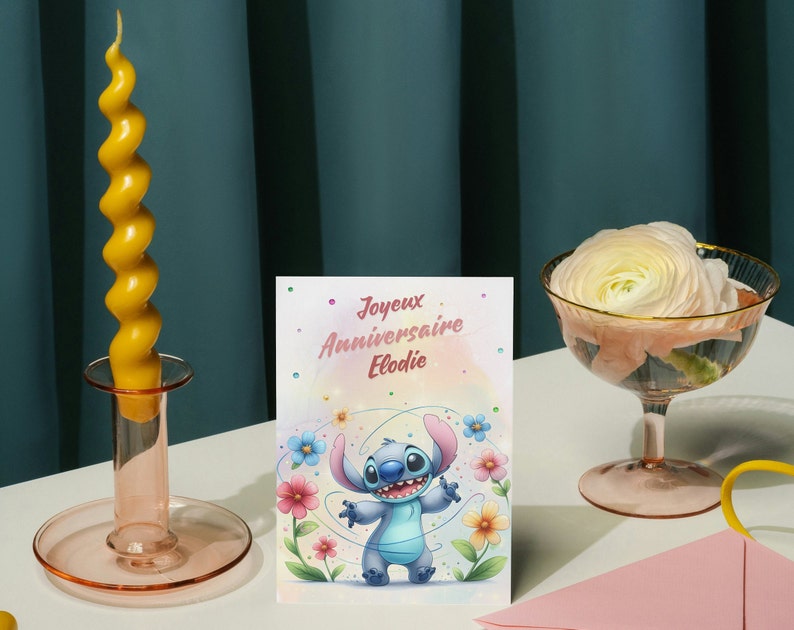 Carte joyeux anniversaire, carte prénom personnalisable stitch, carte thème stitch fleurs, Bonne fête... 画像 7