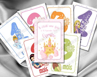 Personalized cards - set of 16 princess milestone cards - personalized first name - birth gift - Christmas