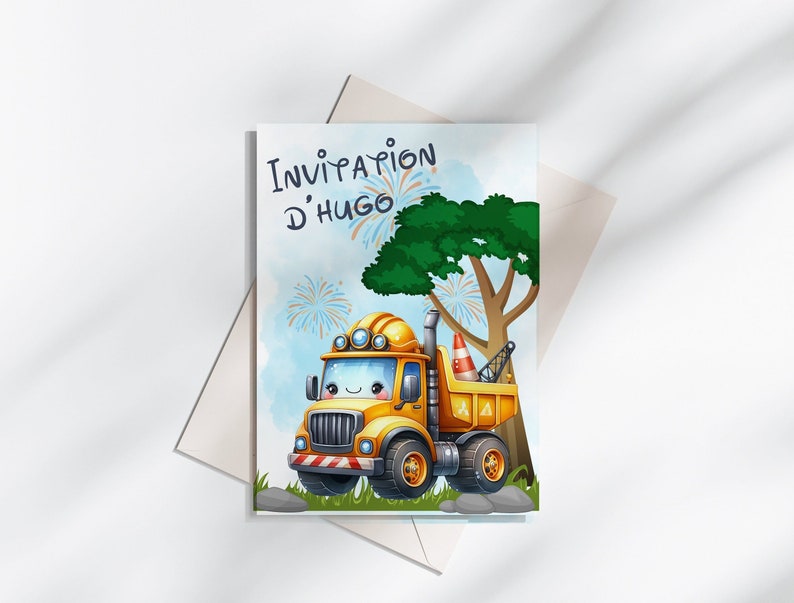 Carte invitation anniversaire - carte anniversaire personnalisable - carte thème engin de travaux, lot de 6/8/10/12 cartes + enveloppes... image 3