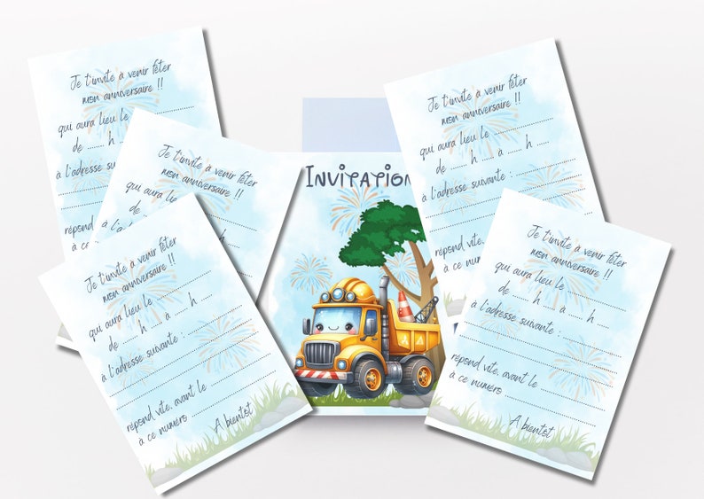 Carte invitation anniversaire - carte anniversaire personnalisable - carte thème engin de travaux, lot de 6/8/10/12 cartes + enveloppes... image 1