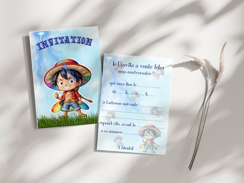 Carte invitation anniversaire - carte personnalisable - carte anniversaire thème one piece, luffy,, lot 6/8/10/12 cartes + enveloppes... image 1