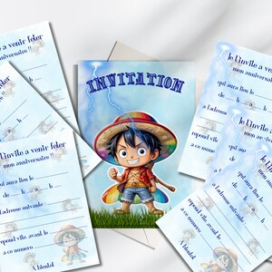 Carte invitation anniversaire - carte personnalisable - carte anniversaire thème one piece, luffy,, lot 6/8/10/12 cartes + enveloppes... image 2
