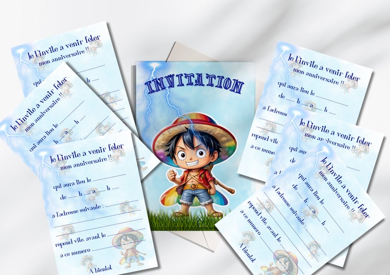 Carte invitation anniversaire - carte personnalisable - carte anniversaire thème one piece, luffy,, lot 6/8/10/12 cartes + enveloppes... image 2