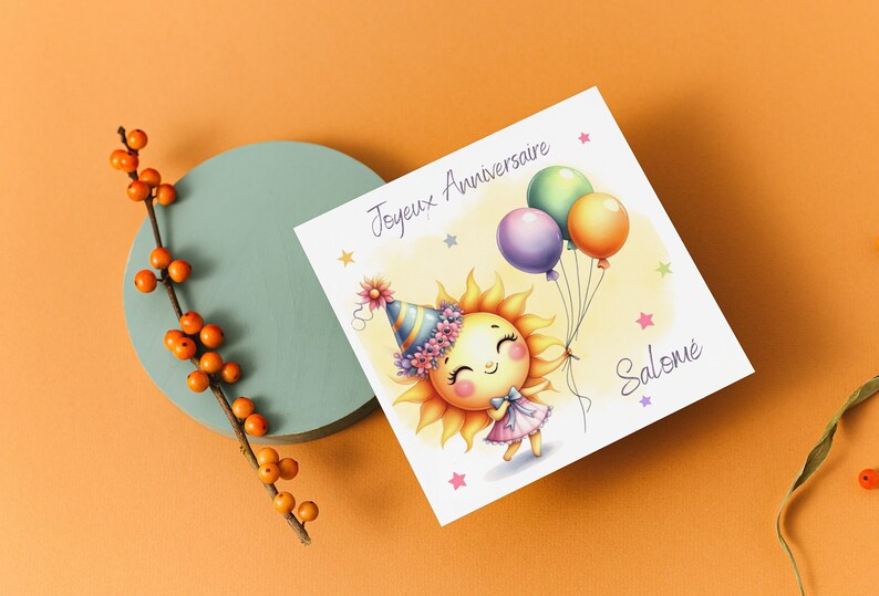 Carte joyeux anniversaire, carte prénom personnalisable, carte anniversaire soleil image 4