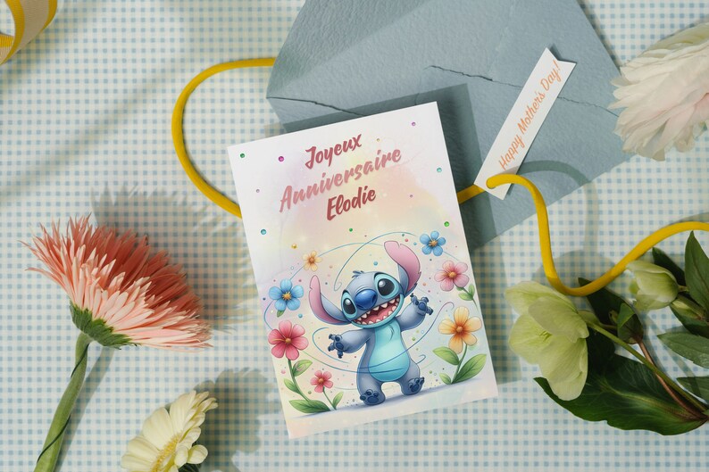 Carte joyeux anniversaire, carte prénom personnalisable stitch, carte thème stitch fleurs, Bonne fête... 画像 4