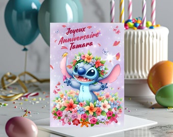 Carte joyeux anniversaire, carte prénom personnalisable stitch, carte thème stitch fête des fleurs, Bonne fête...