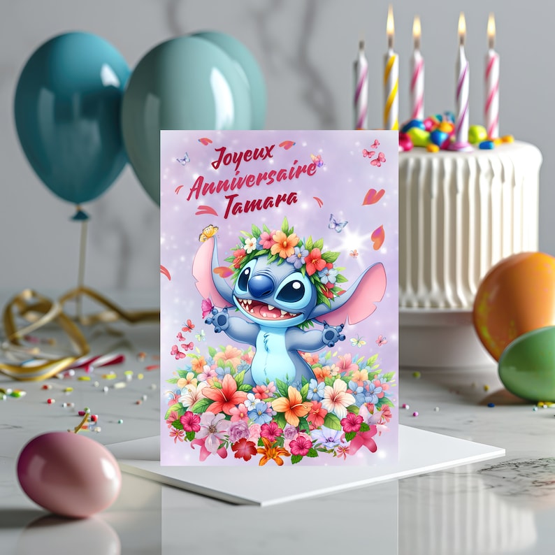 Carte joyeux anniversaire, carte prénom personnalisable stitch, carte thème stitch fête des fleurs, Bonne fête... 画像 1