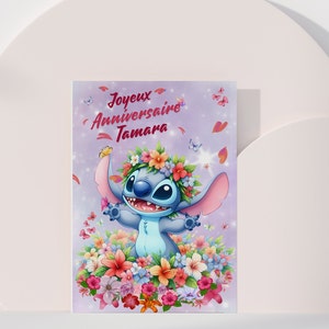 Carte joyeux anniversaire, carte prénom personnalisable stitch, carte thème stitch fête des fleurs, Bonne fête... 画像 6