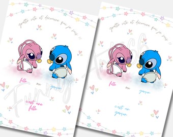Carte à gratter fille ou garçon - carte à gratter annonce sexe bébé - baby shower - thème stitch