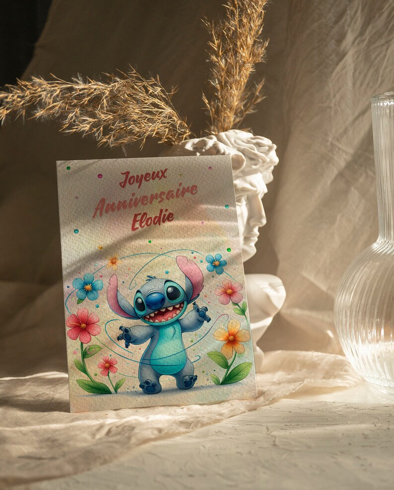 Carte joyeux anniversaire, carte prénom personnalisable stitch, carte thème stitch fleurs, Bonne fête... 画像 5