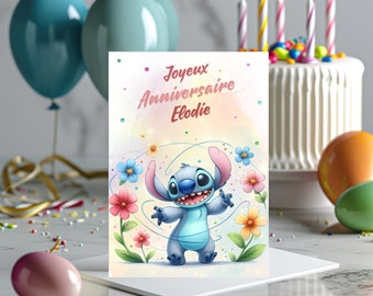 Carte joyeux anniversaire, carte prénom personnalisable stitch, carte thème stitch fleurs, Bonne fête...