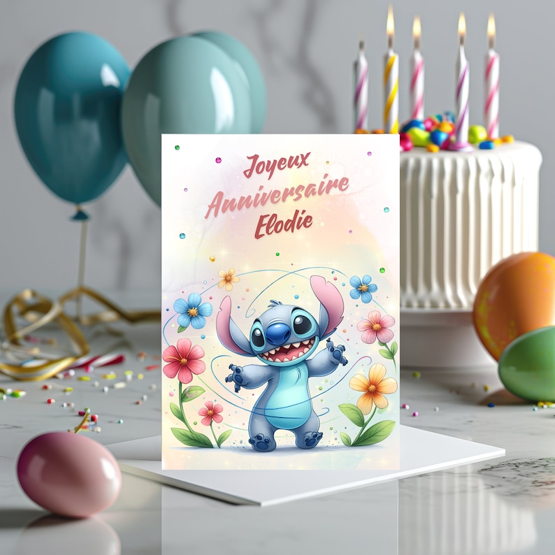 Carte joyeux anniversaire, carte prénom personnalisable stitch, carte thème stitch fleurs, Bonne fête... 画像 1