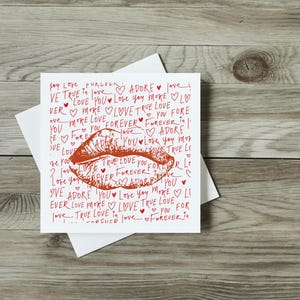 Carte d'anniversaire LOVE – Design lèvres & mots doux – Carte 15 x 15 cm faite main