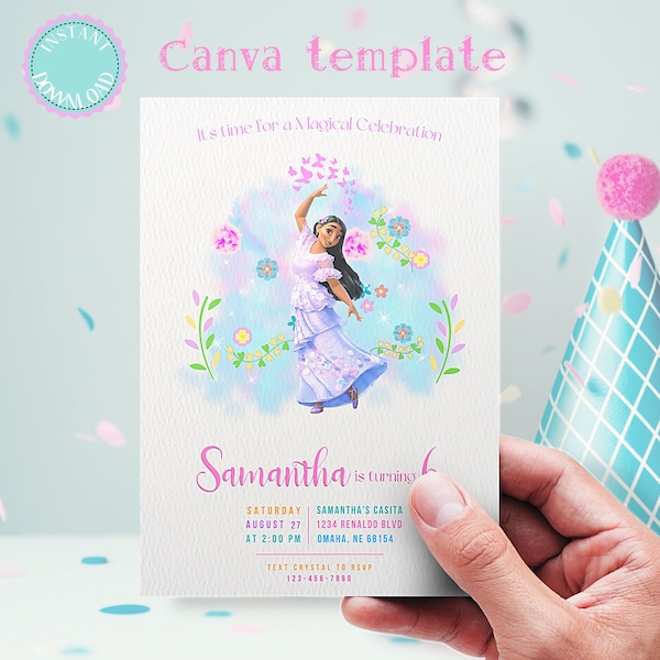 Isabella Encanto Geburtstagsparty Einladung, digitaler Download druckbar, Isabella DIY bearbeitbare Download Canva Partyeinladung