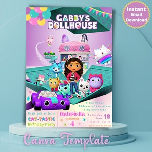 Gabbys dollhouse birthday party invitation digital download Gabby party invite canva template digital download