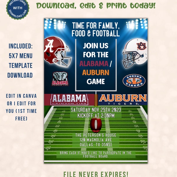 Editable football game superbowl watch party, birthday invitation, game on, friends food and football invite, digital invite