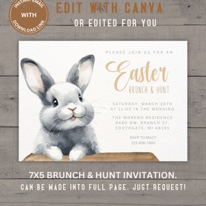convite editável para brunch e caça aos ovos de páscoa, convite para brunch e caça aos ovos de páscoa rústico e minimalista em aquarela, cartão de páscoa para evento digital, para impressão