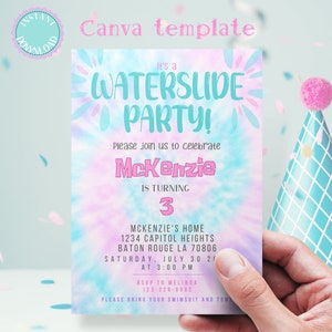 Tie Dye Wasserrutsche Party Geburtstagseinladung, Teen Wasserrutsche Party einladen digitaler Download, Canva Vorlage Party liefert Schule aus