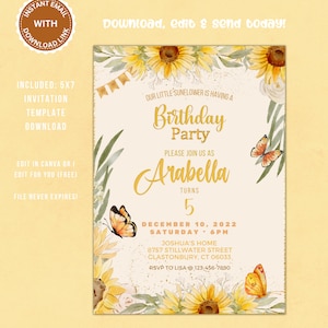 Editable Sunflower Birthday Invitation Girl, Our Little Sunflower Birthday Invitation, Sunflower Summer Birthday Party Invitation