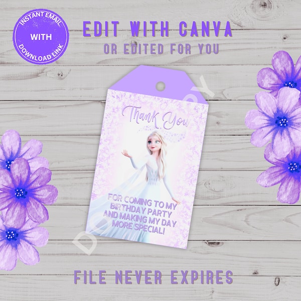 Editable Frozen Birthday purple gift tag Template, Princess Elsa Girl favour tag, Digital Birthday Party thank you tag, Printable