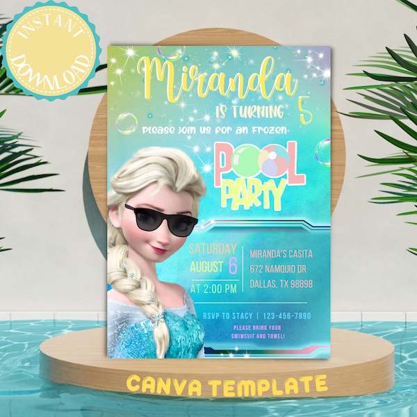 Frozen pool party birthday Invitation, elsa frozen Invite Instant Download Template, pool party birthday supplies