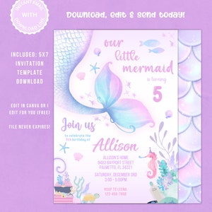 Editable Mermaid Birthday Invitation, Mermaid Invite, Under the Sea Birthday Party, Printable template Digital Instant Download