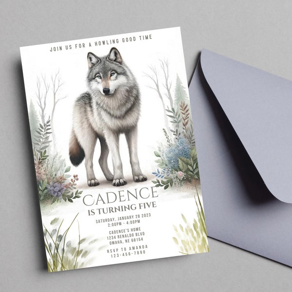editable Boho gray or grey Wolf or husky Birthday Party invitation, Minimalist Party invite