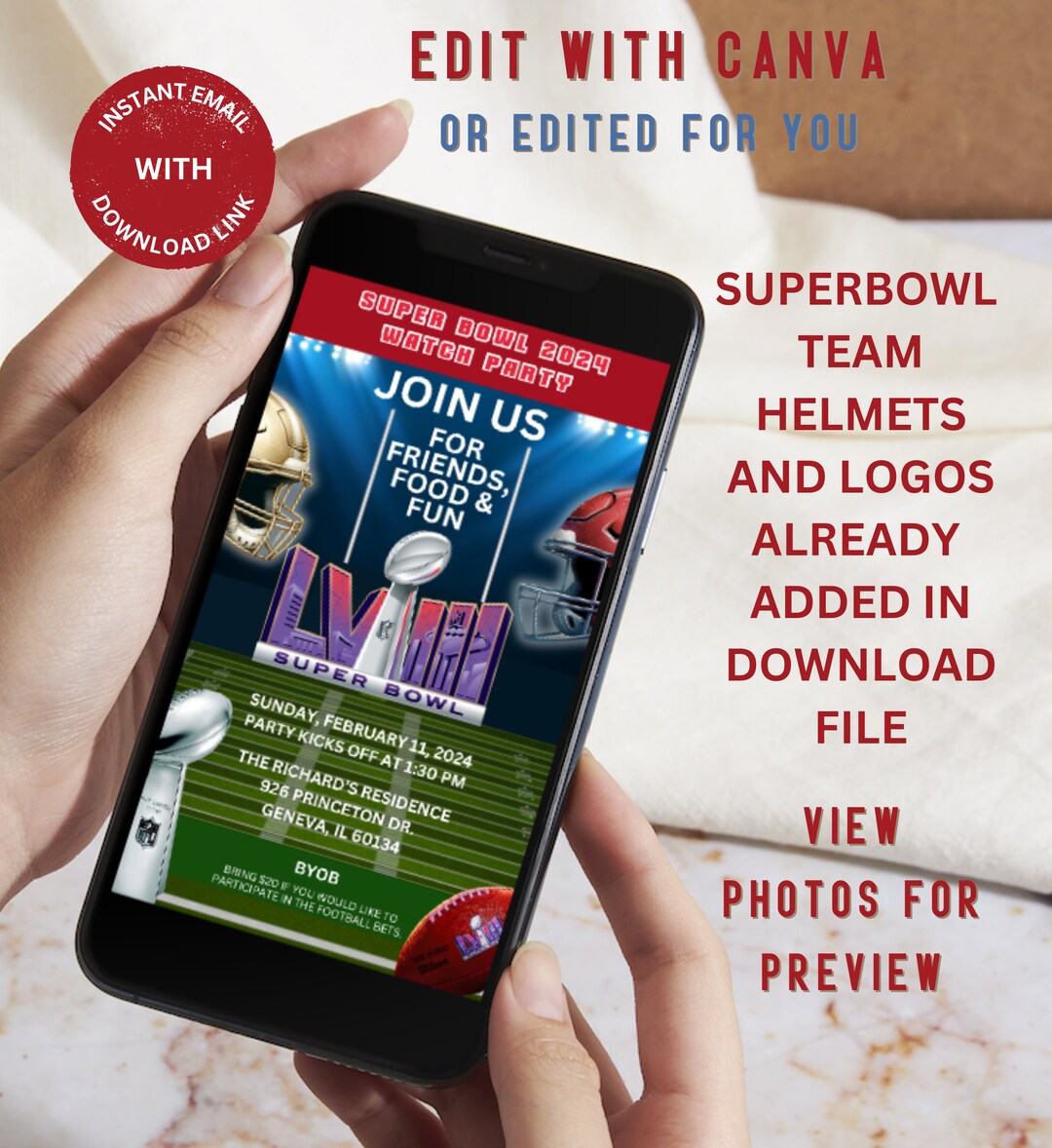 Editable 2024 Superbowl Mobile Invitation, Superbowl Watch Party, Text