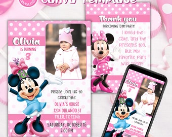 Minnie mouse Birthday invitation with photo, Birthday text Invite, mouse digital thank you card, printable Birthday Invitation, Editable