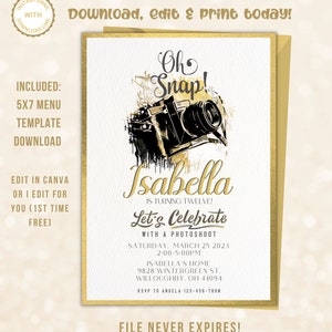 Editable Oh snap photoshoot Birthday Invitation, photography Invite, camera Birthday Party, Printable template Digital Instant Download